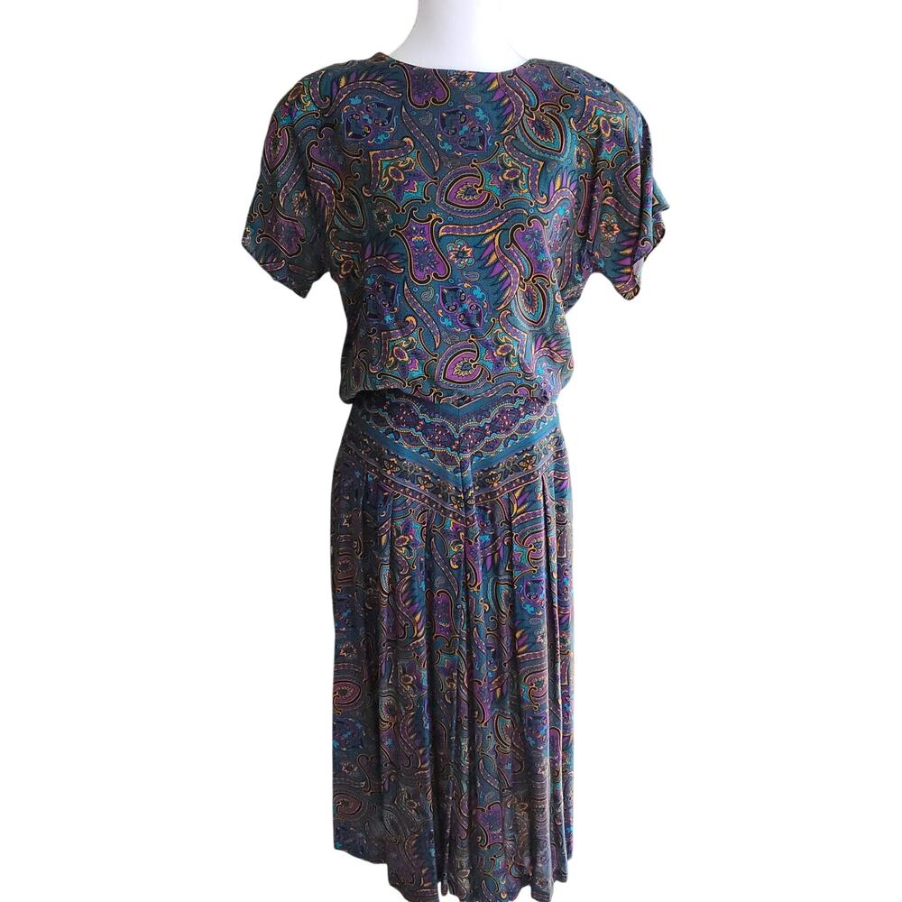 Vintage 80s REO Originals Paisley Drop Waist Dress Sz 12